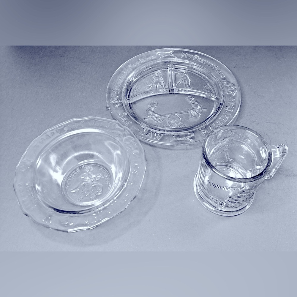 Vintage 1970s Tiara Glass Nursery Rhyme 3 Piece Childrens Set